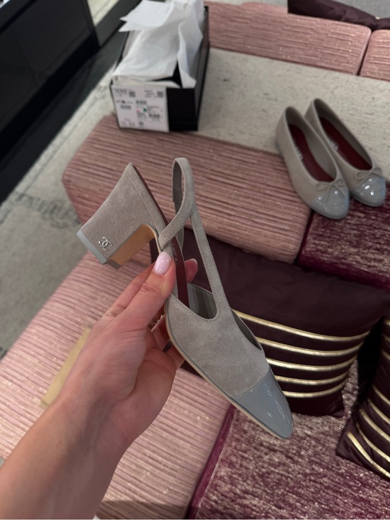 CHANEL Shoes - Chanel Grey Suede Slingback Heels | Size 38C